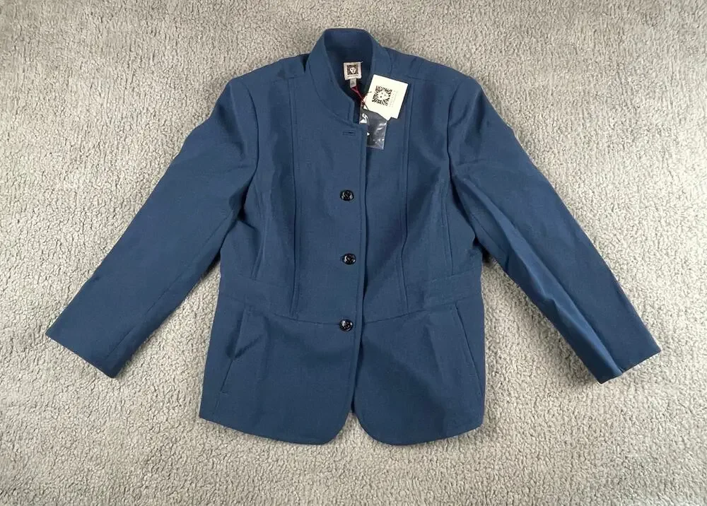Anne Klein Women's US 12 Blue Nehru Collar Button Front Jacket Spruce 12 *Flaw*
